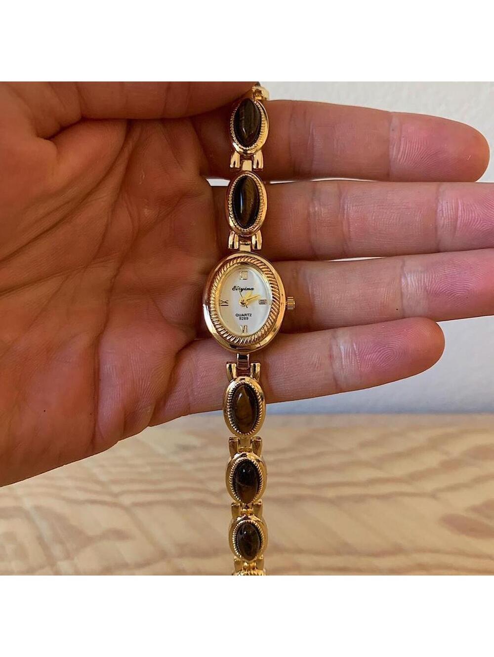 Y2k style Dainty cute Gold style tone quartz watch with brown jade stone opal ac - Picture 3 of 8